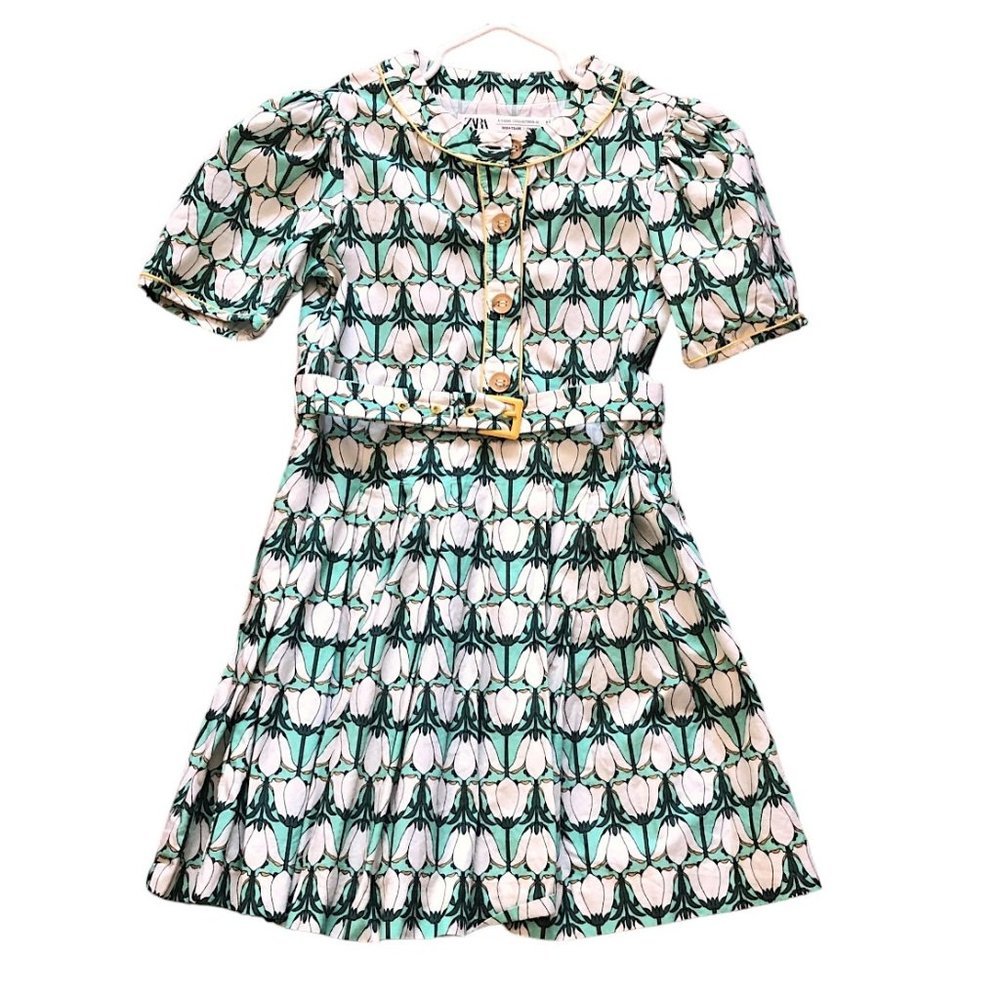 ZARA Kids Size 6 Belted Tulip Dress - Green - A Springtime Delight!